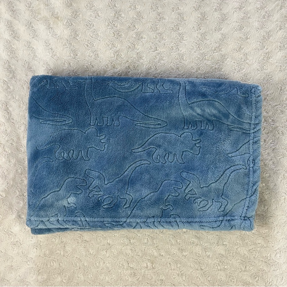 SL Home Fashions Solid Blue Dinosaur Baby Blanket Embossed Outline Dino